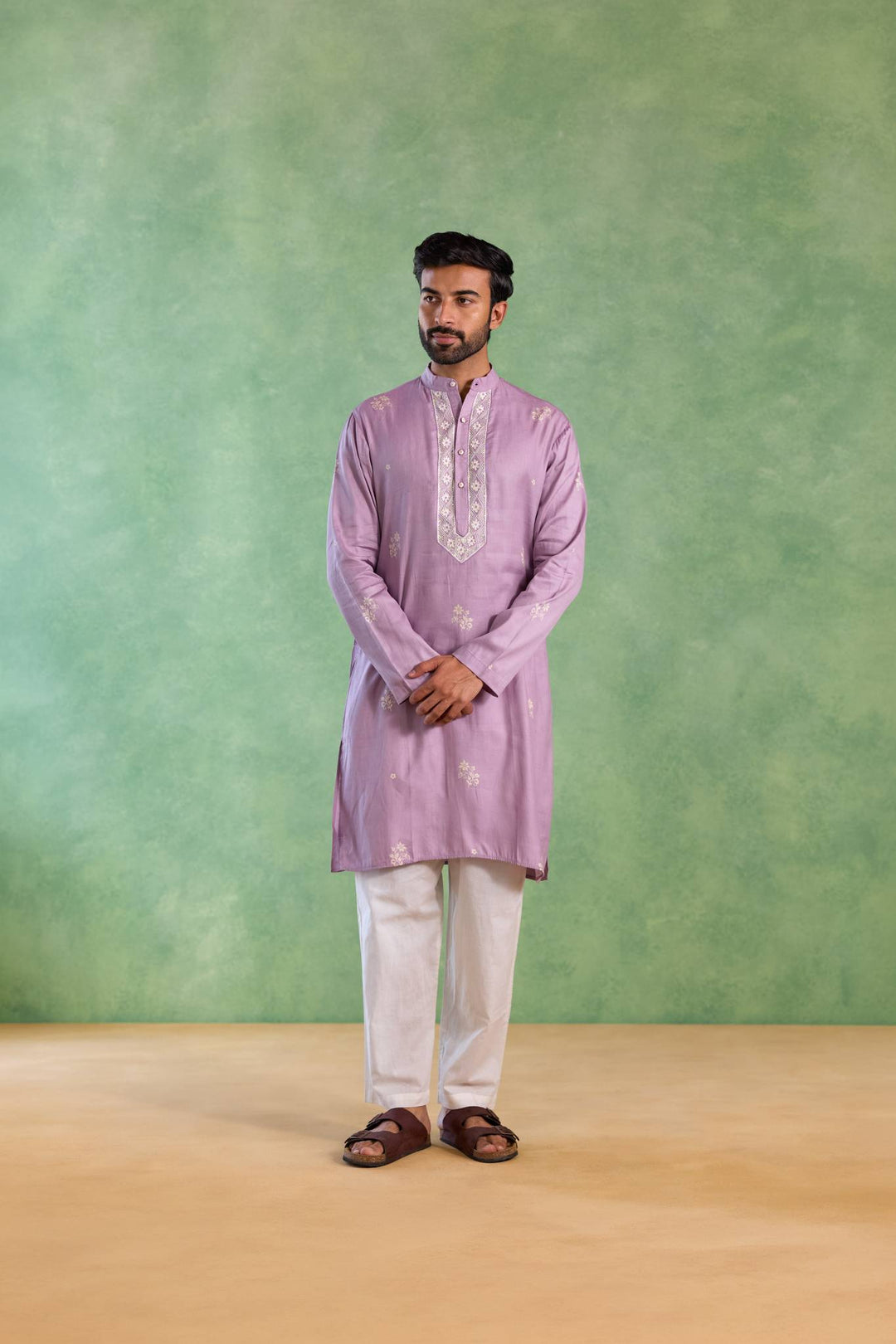 Lilac Floral Buta Embroidered Kurta with Narrow Pants