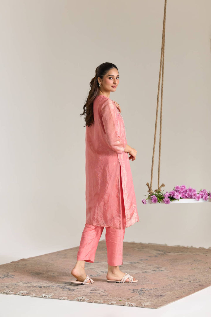 Blossom Pink Dori Embroidered Kota Kurta Tissue Set - Set of 2