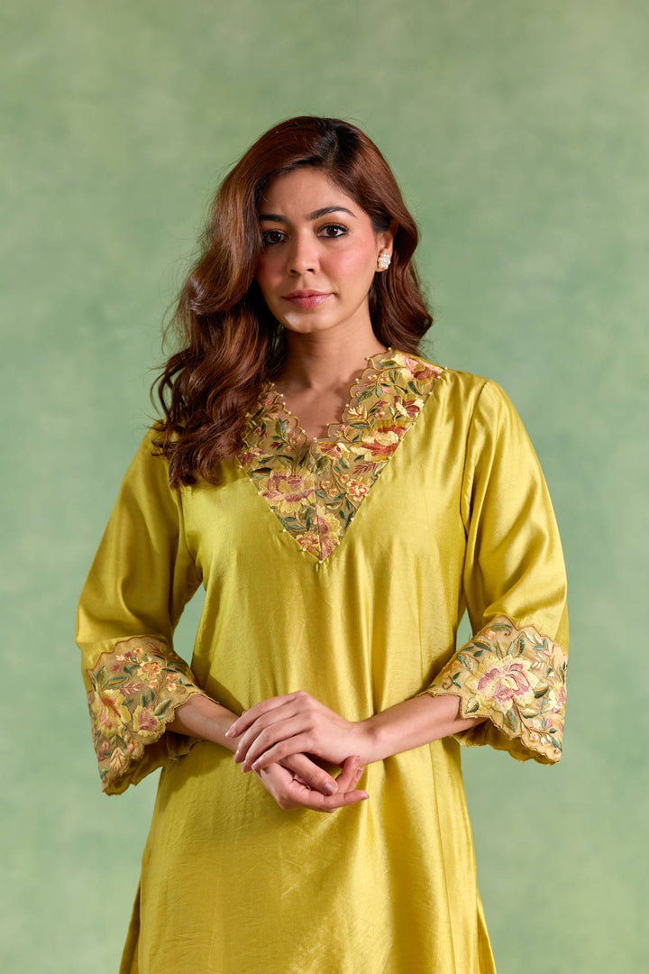 Lime Rose Embroidered Chanderi Kurta with Flared Pants and Dupatta - Set of 3