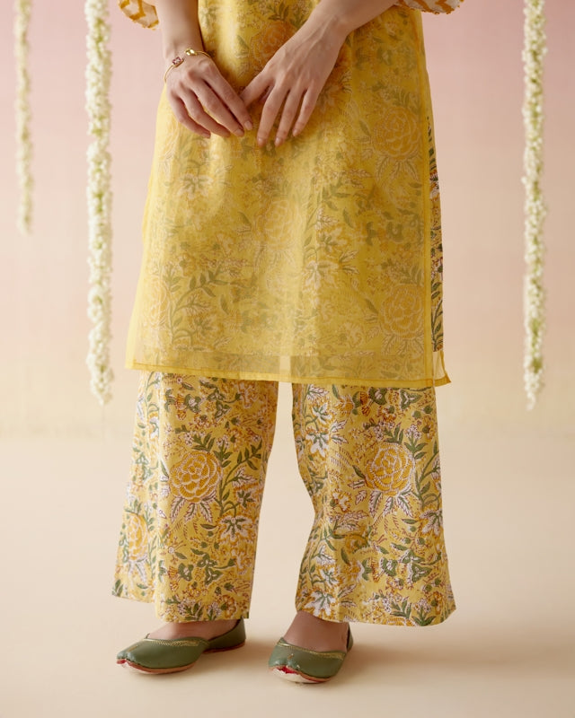 Petal Yellow Long Kurta with Flared Pants- Set of 2