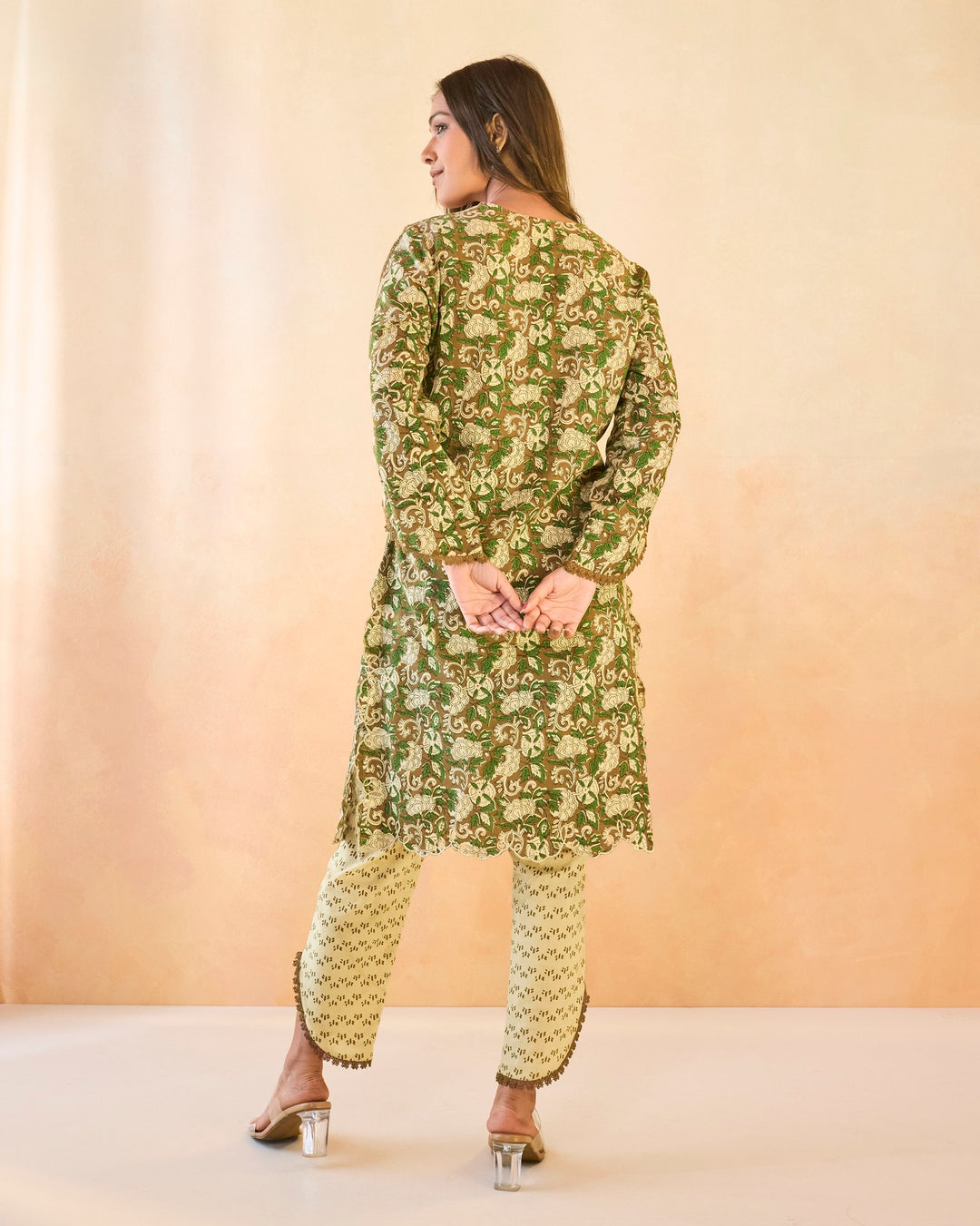 Olive Petal Scallop Kurta with Tulip Pants - Set of 2