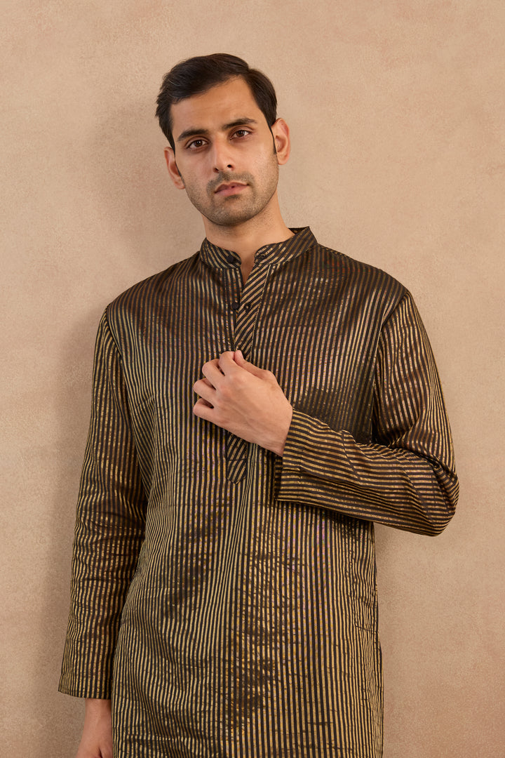 Black Lotus Chanderi Stripe Kurta with Narrow Pants - Set of 2