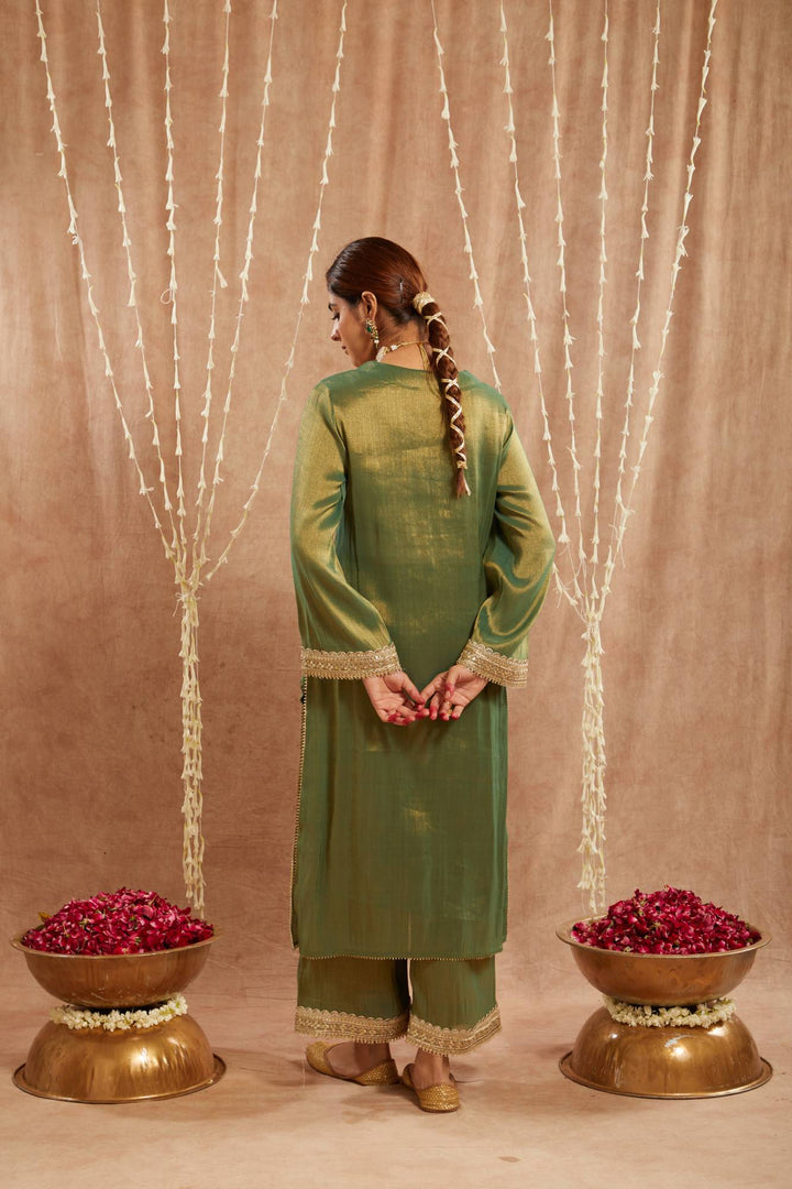 Green Sequins Gota Tissue Kurta with  Wide Leg Pants and Dupatta - Set of 3