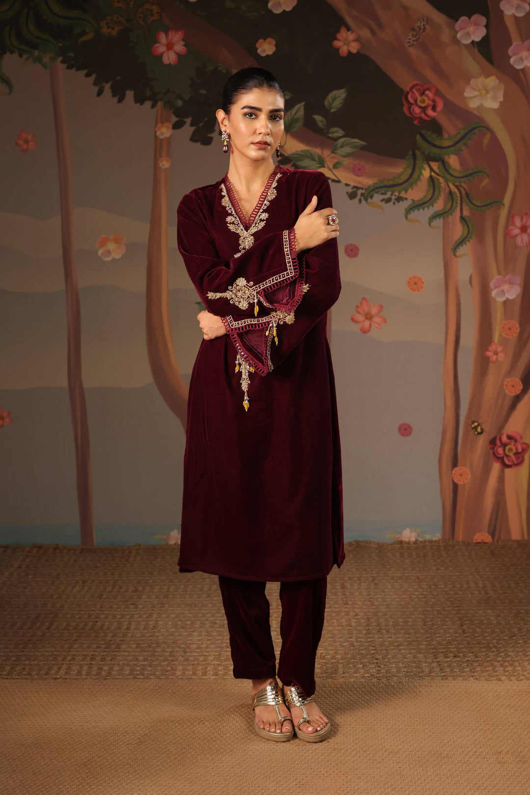 Wine Dori Embroidered Kurta with Narrow Pants - Set of 2