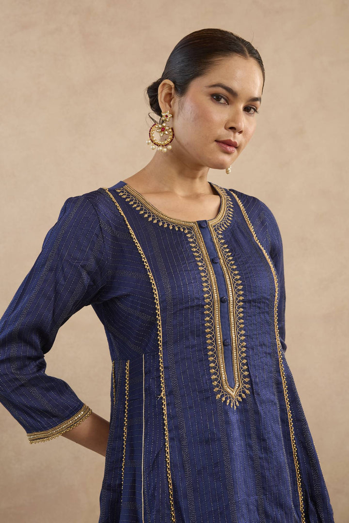 Navy Lotus Embroidered Anarakali with Flared Pants - Set of 2
