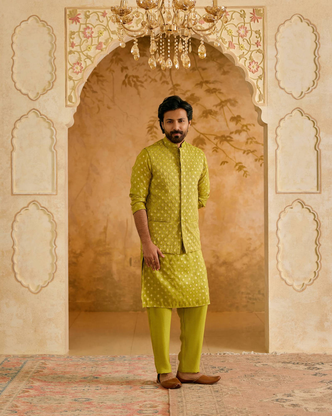 Olive Brocade Nehru Jacket with Kurta Set - Set of 3