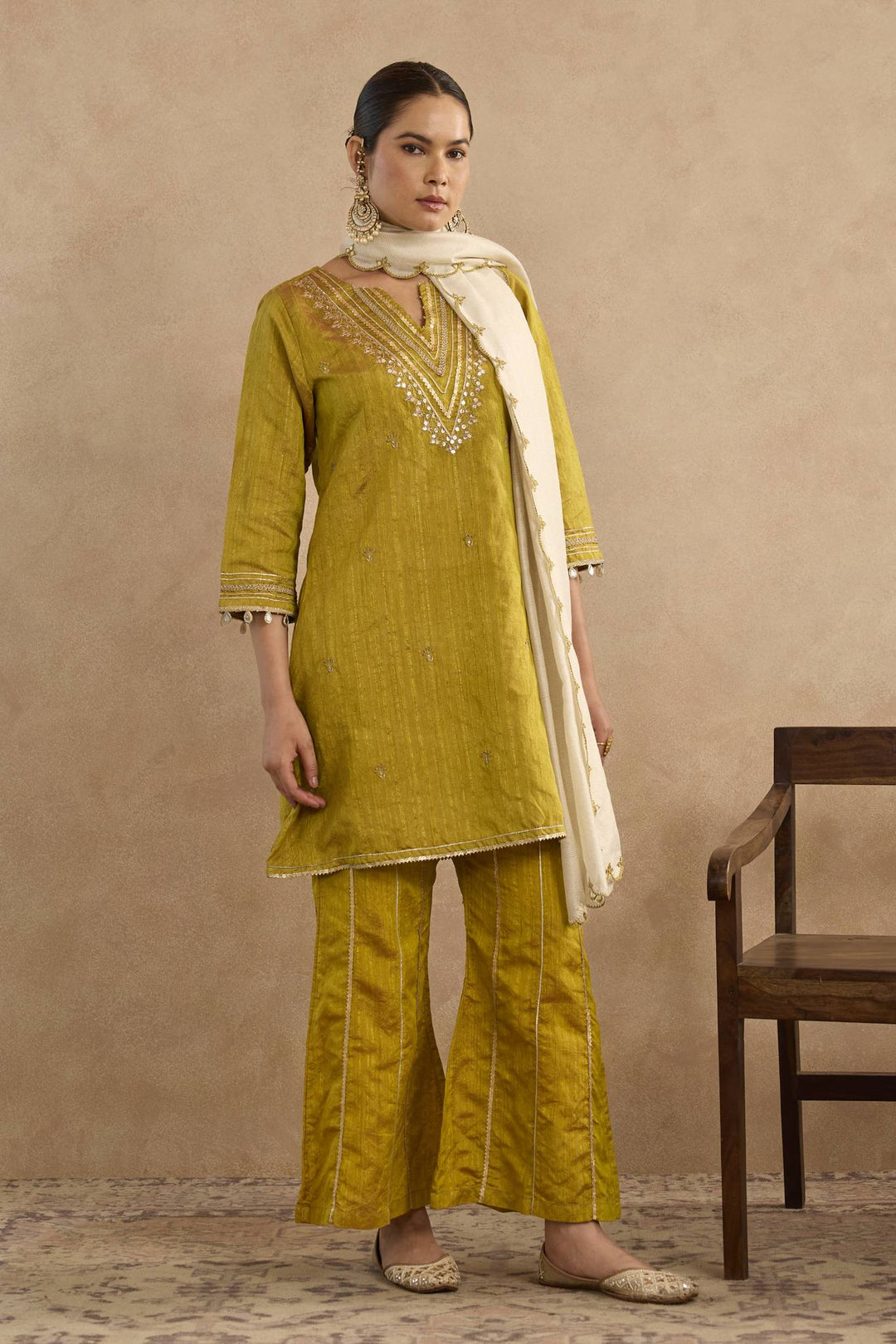 Warm Green Embroidered Kurta with Flared Pants and Scallop Dupatta - Set of 3