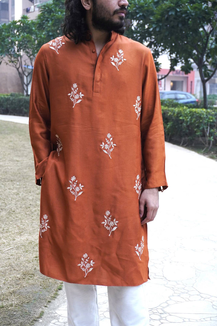 Rust Red Embroidered Silk Kurta