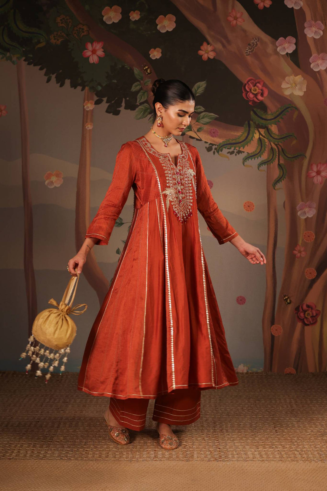 Rustic Rose Anarkali with Flared Pants and Dupatta - Set of 3