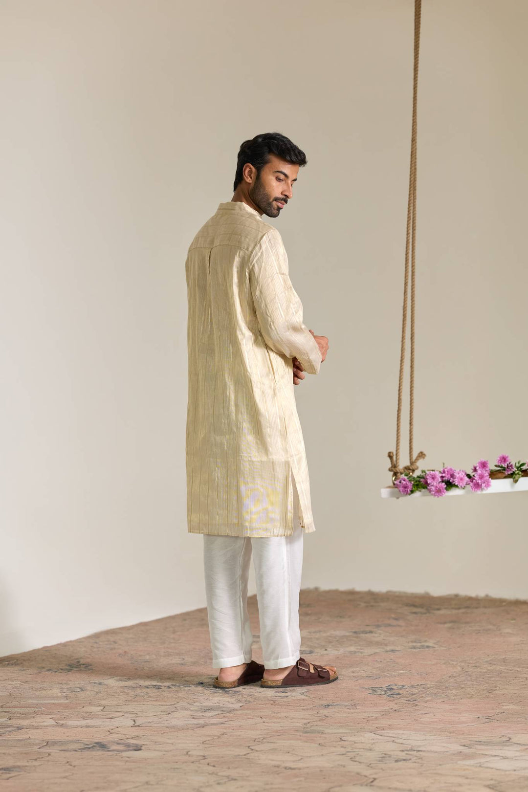 Gold Zari Yoke Stripe Embroidered Kurta with Narrow Pants