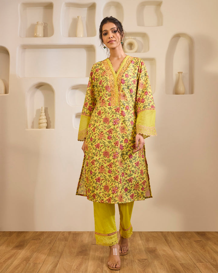 Dahlia Yellow Embroidered Kurta with Narrow Pants - Set of 2