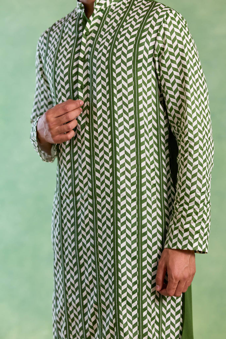 Green Chevron Embroidered Kurta with Narrow Pants