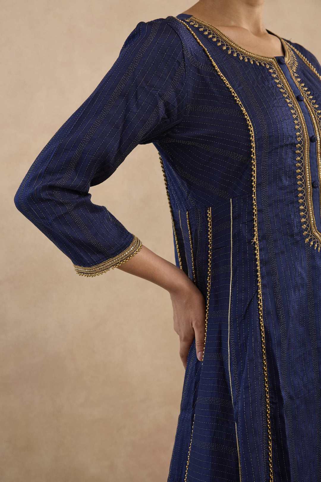 Navy Lotus Embroidered Anarakali with Flared Pants and Dupatta - Set of 3
