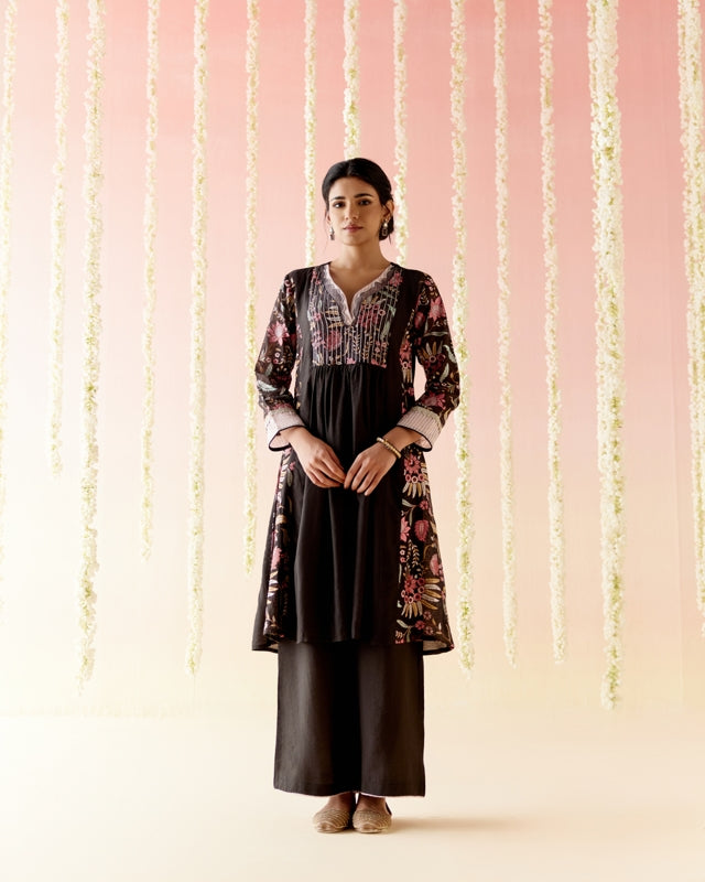 Black Tulip Embroidered Kurta with Wide Leg Pants & Dupatta - Set of 3