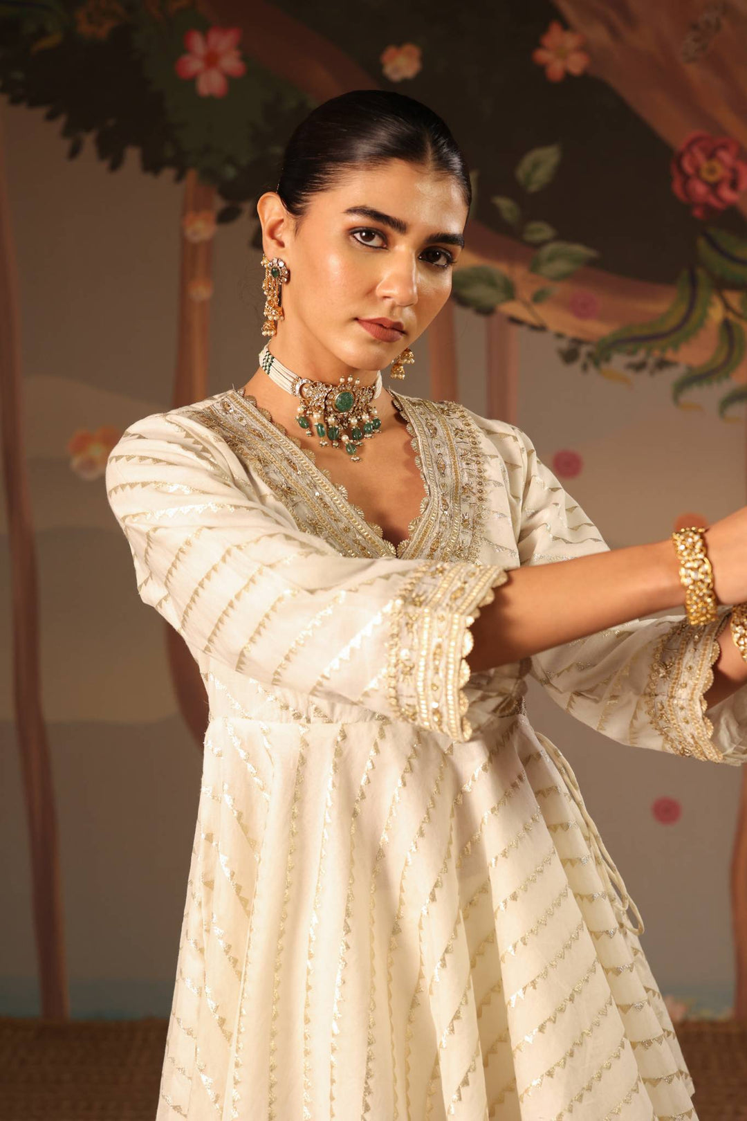 Ivory Gold Embroidered Angrakha with Sharara - Set of 2