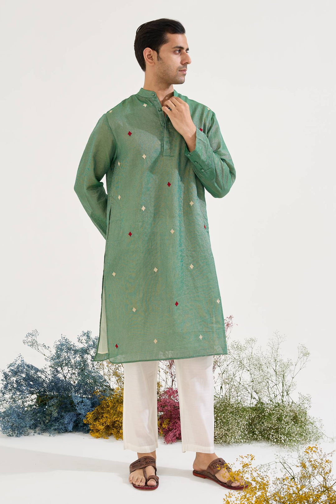 Emerald Buta Chanderi Stripe Kurta with Narrow Pants - Set of 2