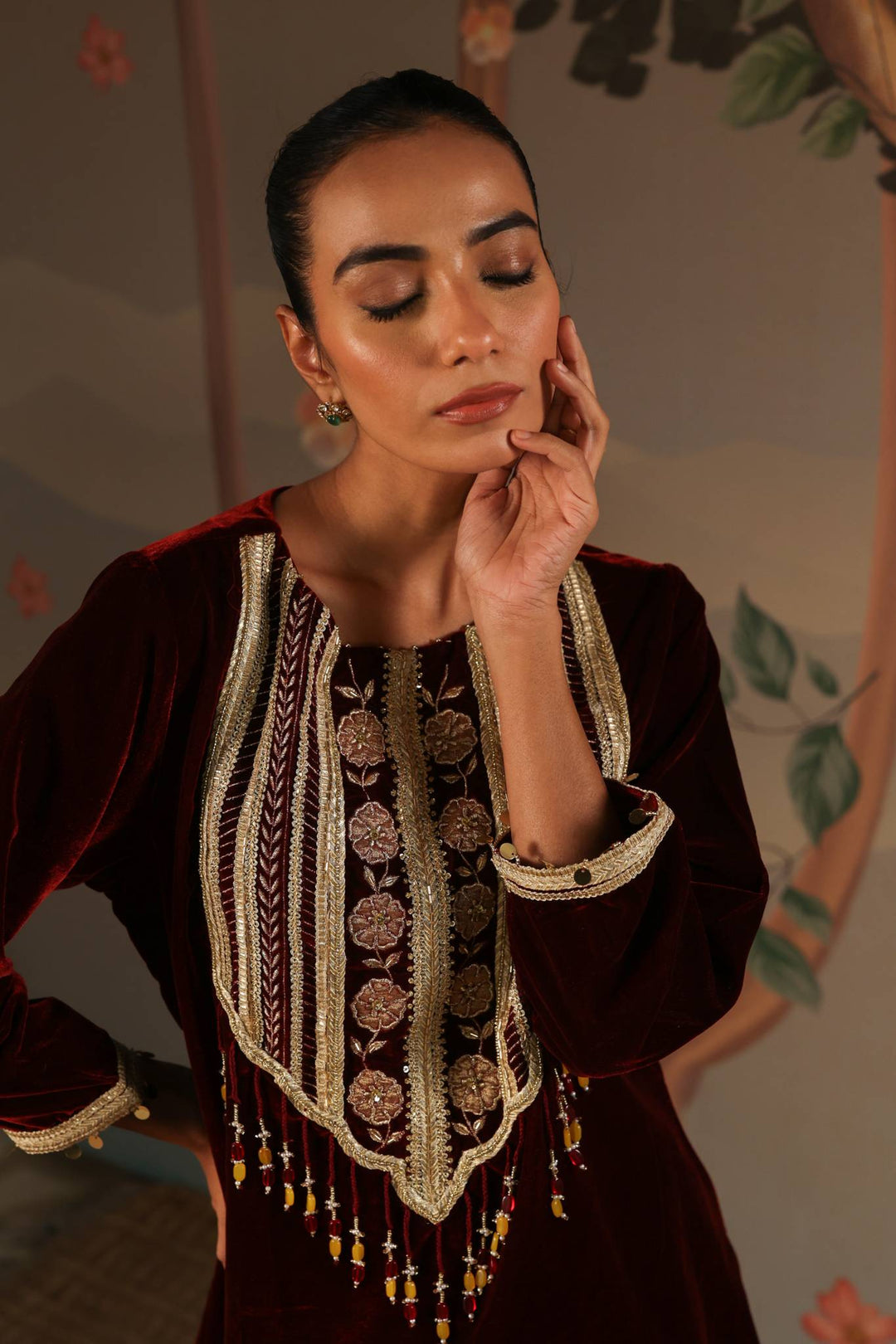 Maroon Petal Beaded Velvet Tunic with Narrow Pants - Set of 2