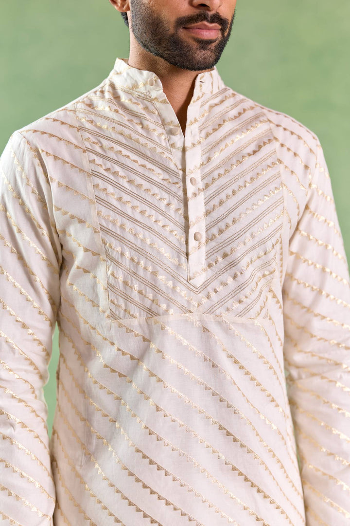 Ivory Gold Chevron Brocade Embroidered Kurta
