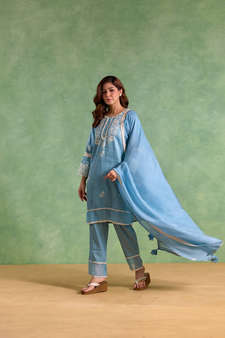 Blue Lotus Kurta with Narrow Pants and Dupatta - Set of 3