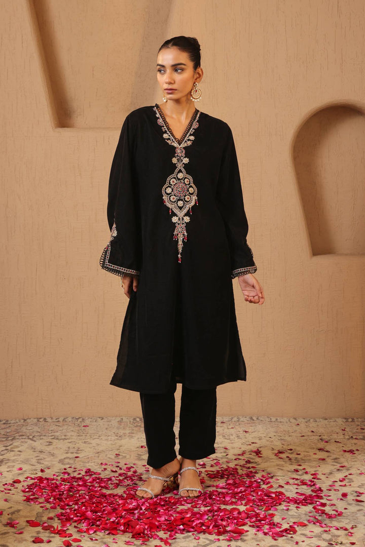 Black Dori Embroidered Kurta with Narrow Pants and Dupatta - Set of 3
