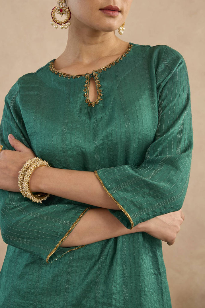 Emerald Rose Charm Silk Chanderi Kurta with Narrow Pants - Set of 2