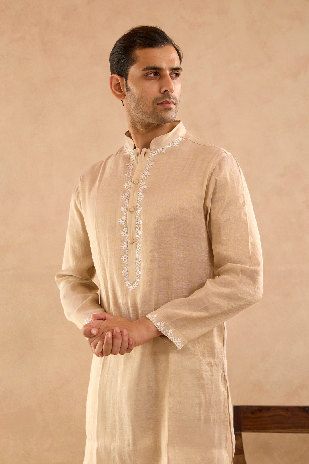 Gold Yoke Embroidered Tissue Kurta