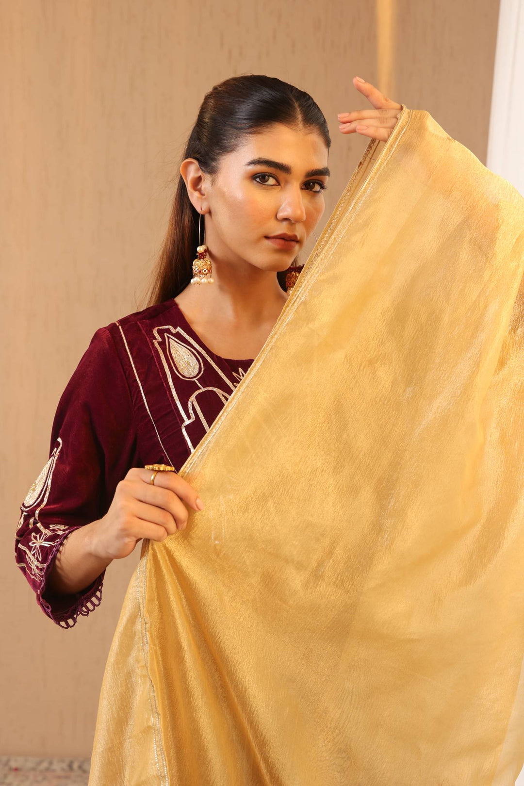 Wine Gota Velvet Anarkali with Narrow Pants and Scallop Dupatta - Set of 3