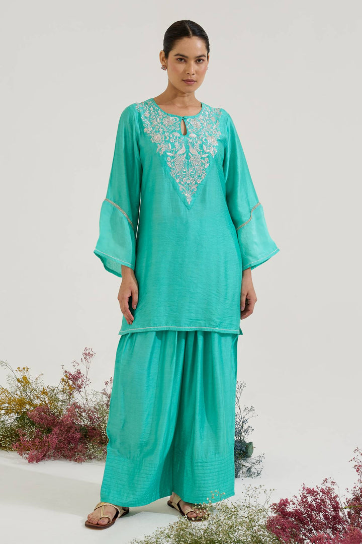 Aqua Green Zari Kurta with Farsi Salwar and Dupatta - Set of 3