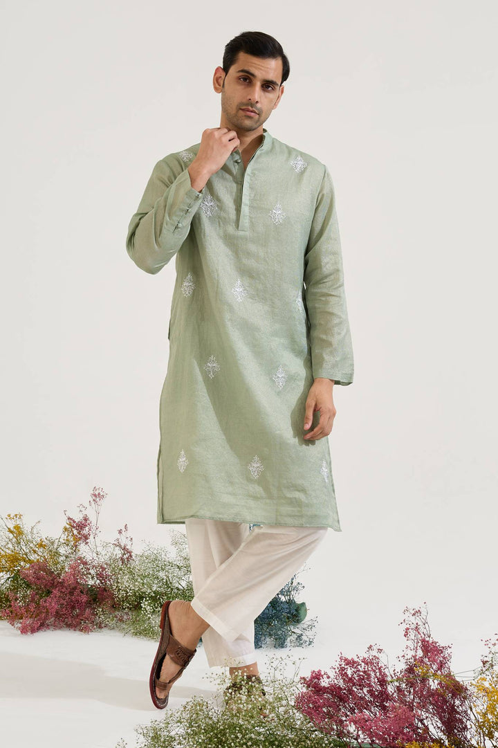 Sage Embroidered Chanderi Stripe Kurta with Narrow Pants - Set of 2