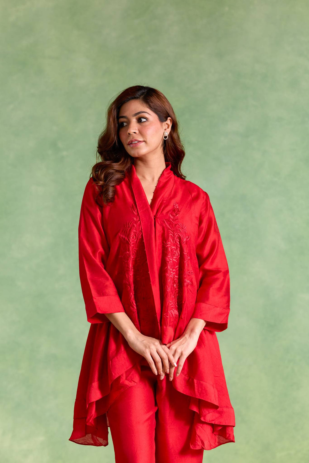 Rosy Charm Embroidered Chanderi Kurta with Straight Pants - Set of 2
