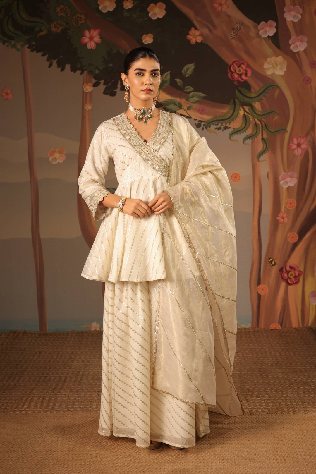 Ivory Gold Embroidered Angrakha with Sharara and Dupatta - Set of 3