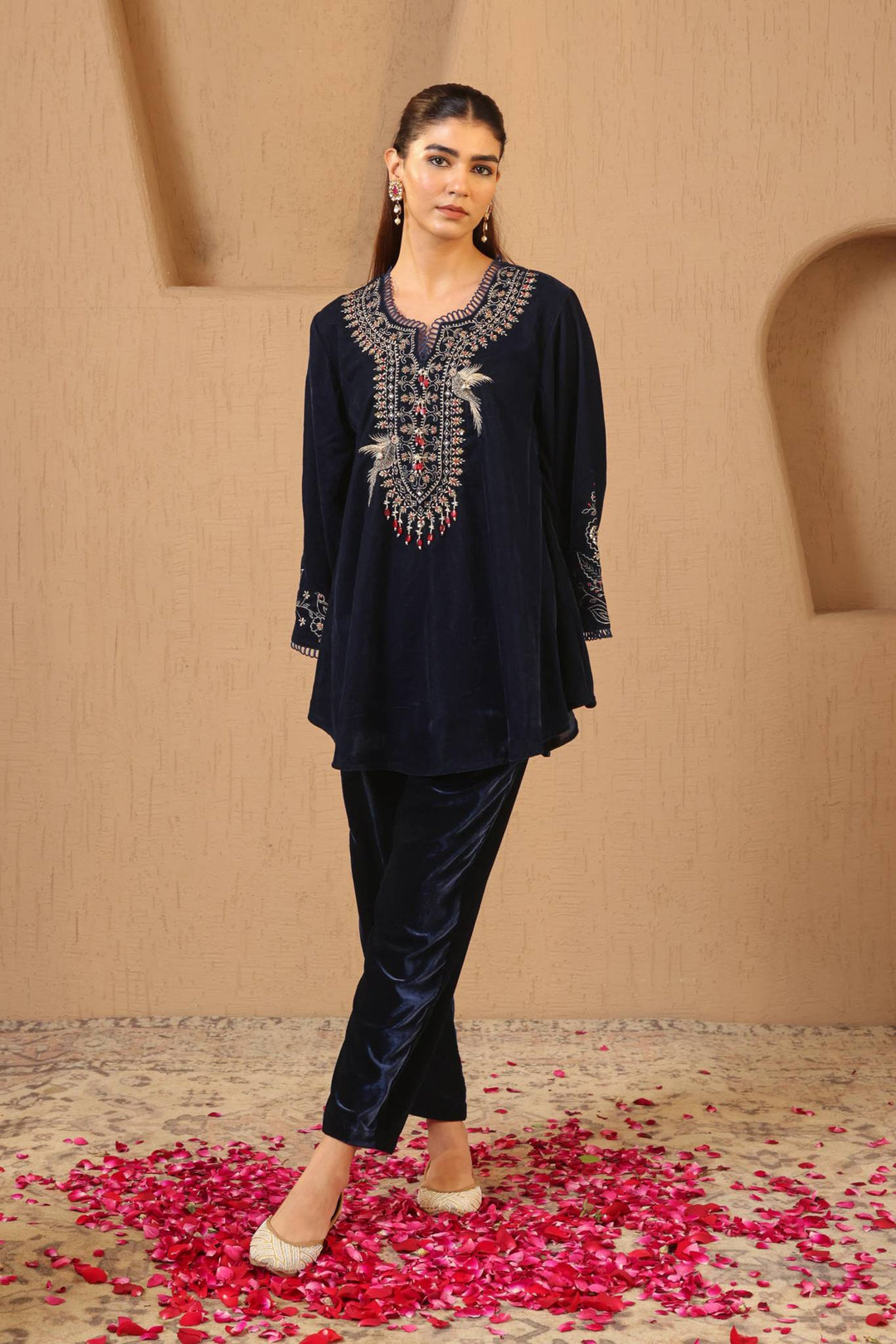 Navy Zari Charm Velvet Tunic with Narrow Pants