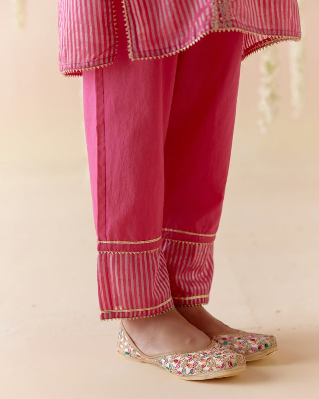 Fuchsia Rose Tissue Kurta with Narrow Pants - Set of 2