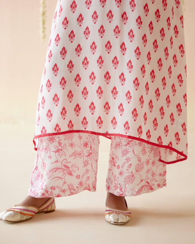 Raspberry A-Line Long Kurta with Wide Leg Pants- Set of 2