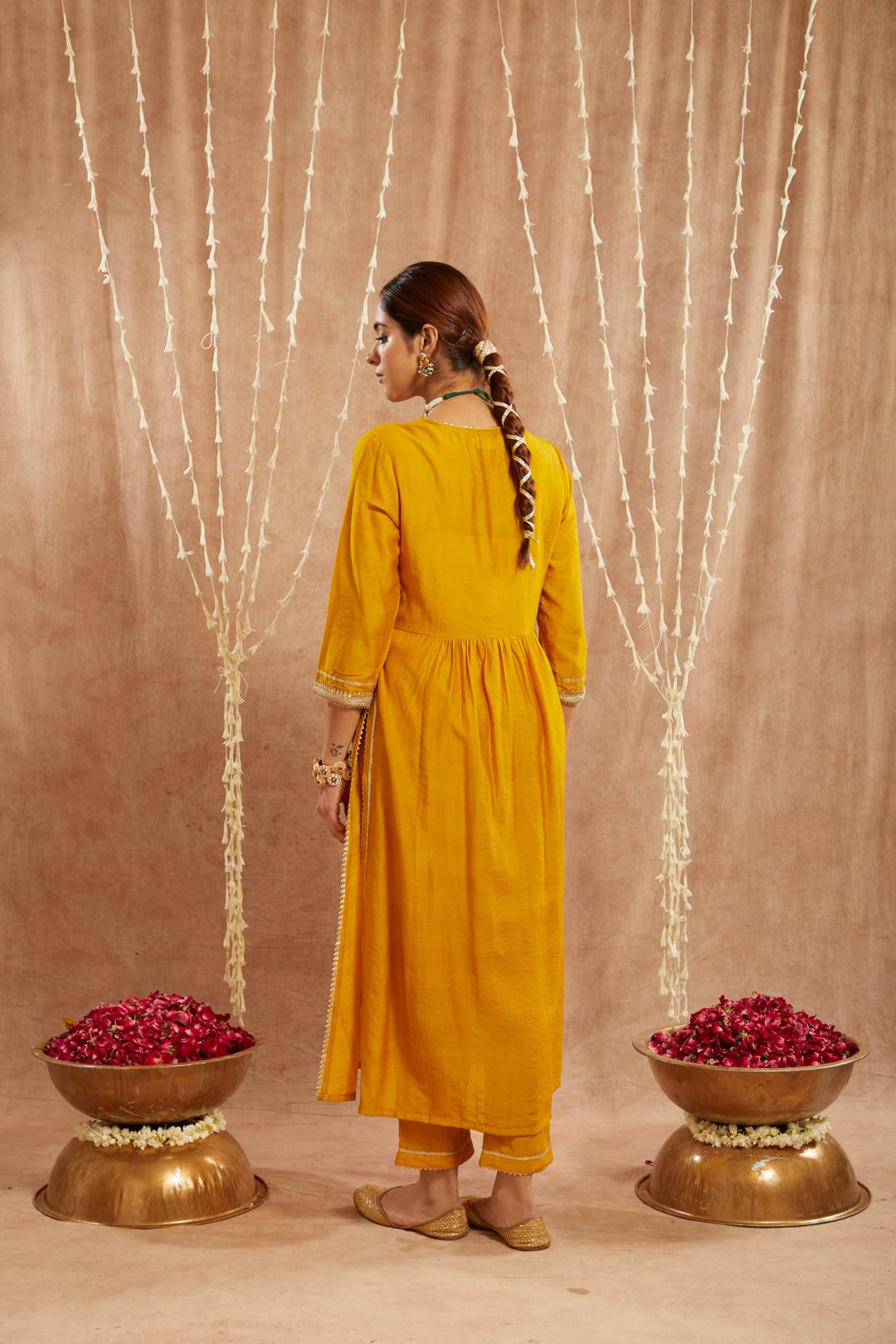 Golden Charm Chanderi Kurta with Narrow Pants and Dupatta - Set of 3