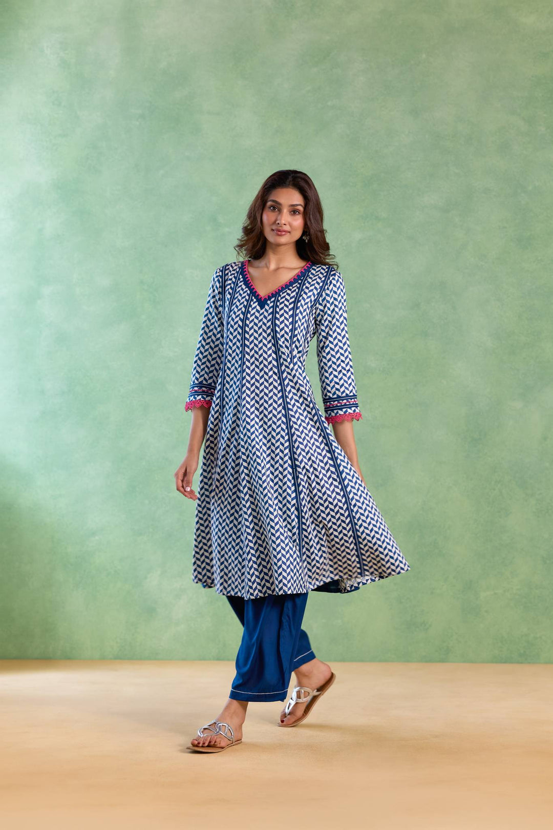 Navy Beaded Chevron Anarkali with Flared Pants and Dupatta - Set of 3