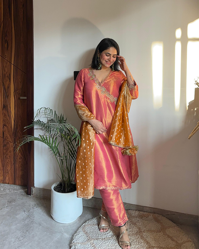 Rosy Zari Tissue Angrakha with Narrow Pants and Dupatta - mendi rattar