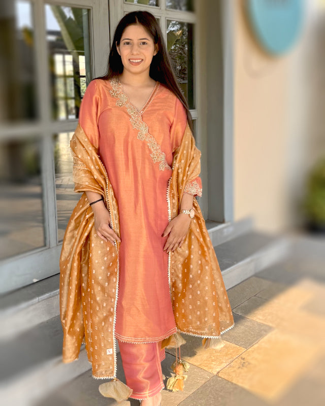 Rosy Zari Tissue Angrakha with Narrow Pants and Dupatta - Simona karena