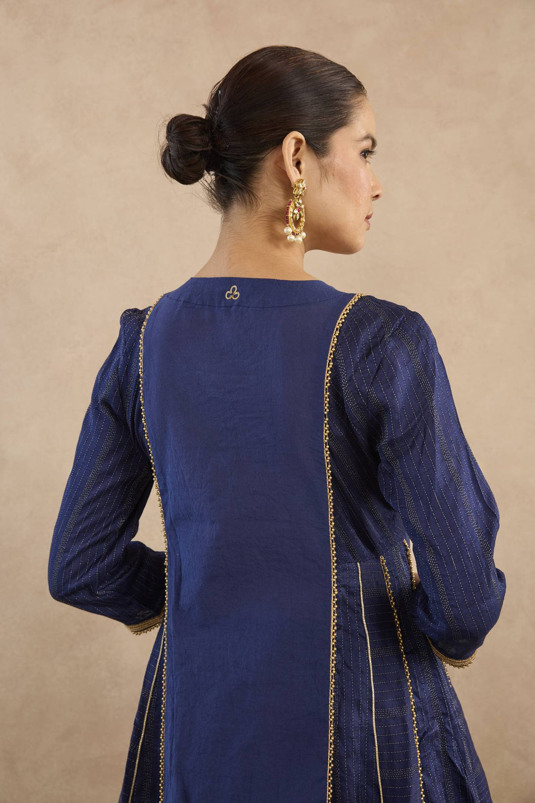 Navy Lotus Embroidered Anarakali with Flared Pants - Set of 2