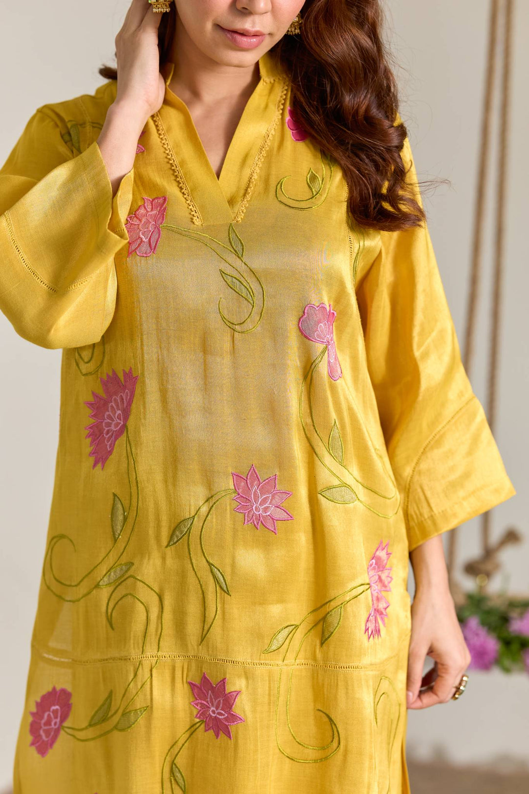 Fuschia Yellow Applique Embroidered Tissue Kurta Set- Set of 2