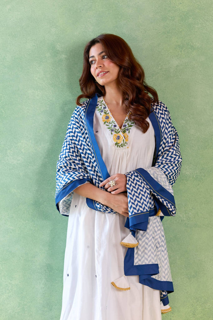 Blue Petal Embroidered Kurta with Wide-Leg Pants and Dupatta - Set of 3