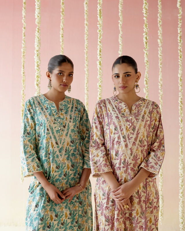 Mauve Floral Kurta with Narrow Pants- Set of 2