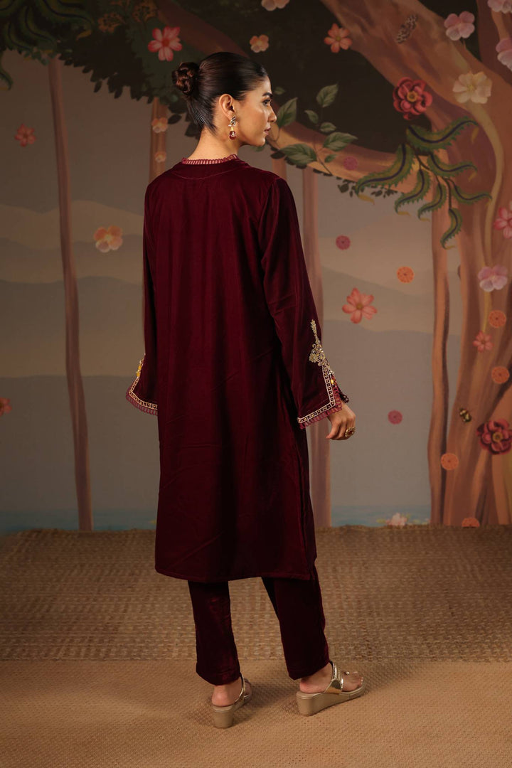 Wine Dori Embroidered Kurta with Narrow Pants - Set of 2