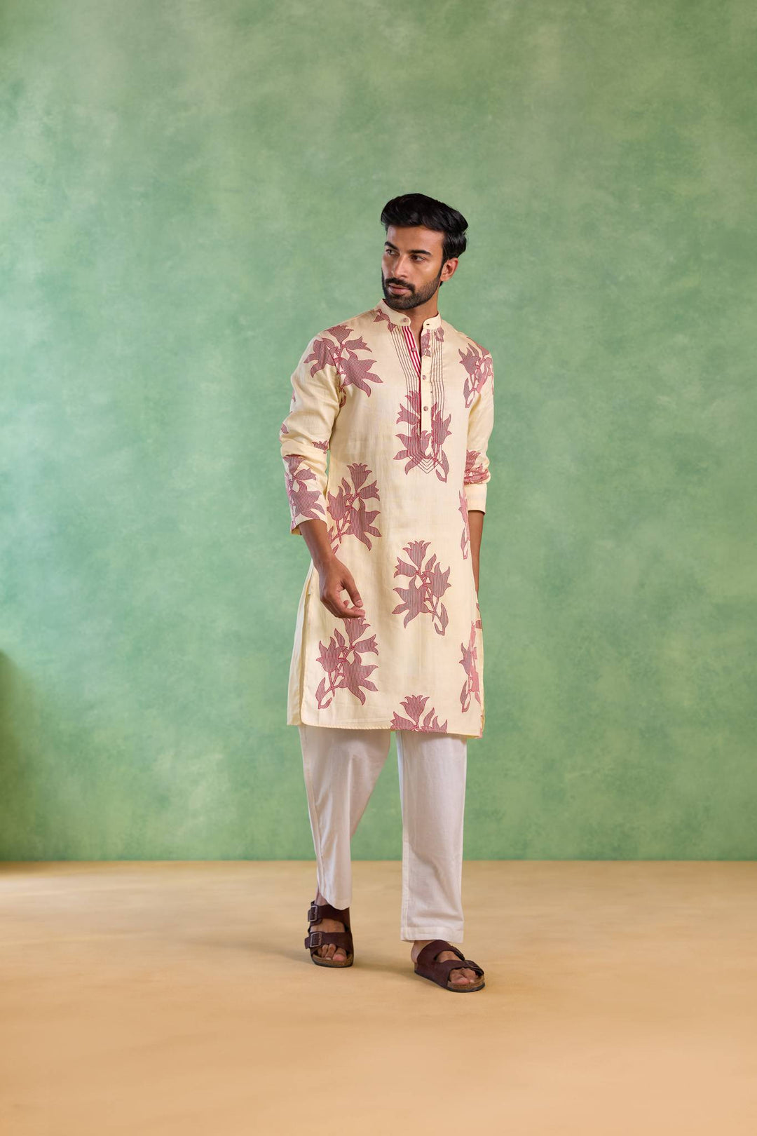 Ivory Red Floral Stripe Kurta with Narrow Pants