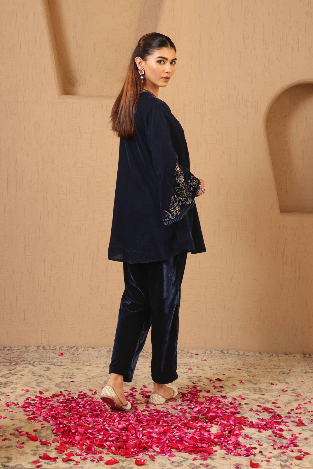 Navy Zari Charm Velvet Tunic with Narrow Pants - Set of 2
