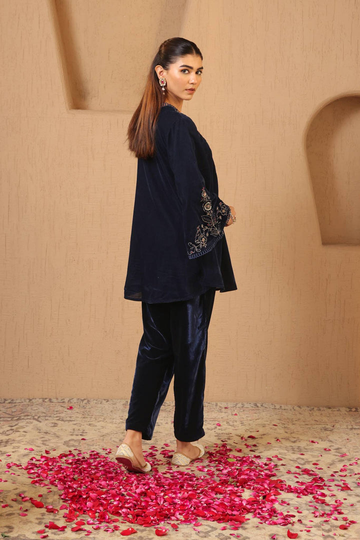 Navy Zari Charm Velvet Tunic with Narrow Pants - Set of 2