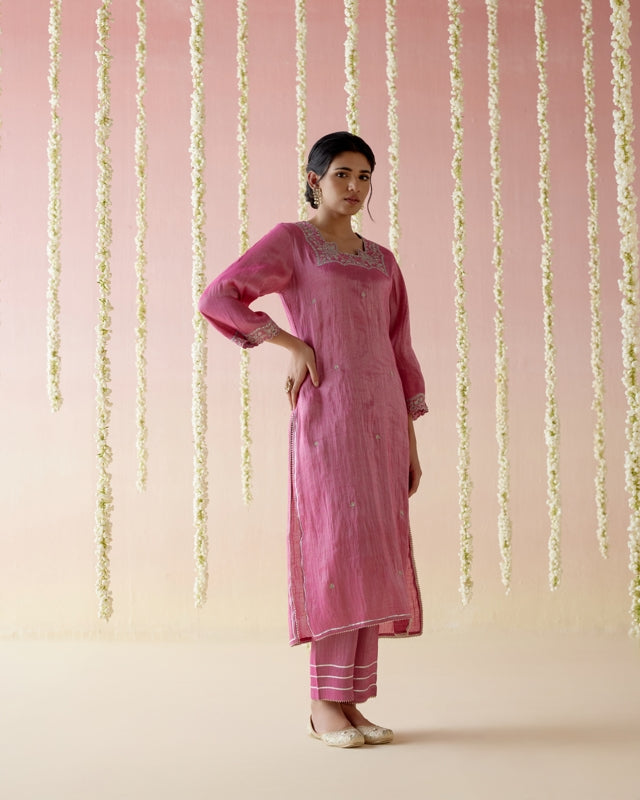 Peony Pink Tissue Kurta with Narrow Pants & Dupatta - Set of 3