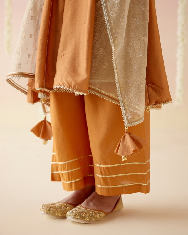 Rustic Burnt Orange Kurta with Wide Leg Pants - Set of 2