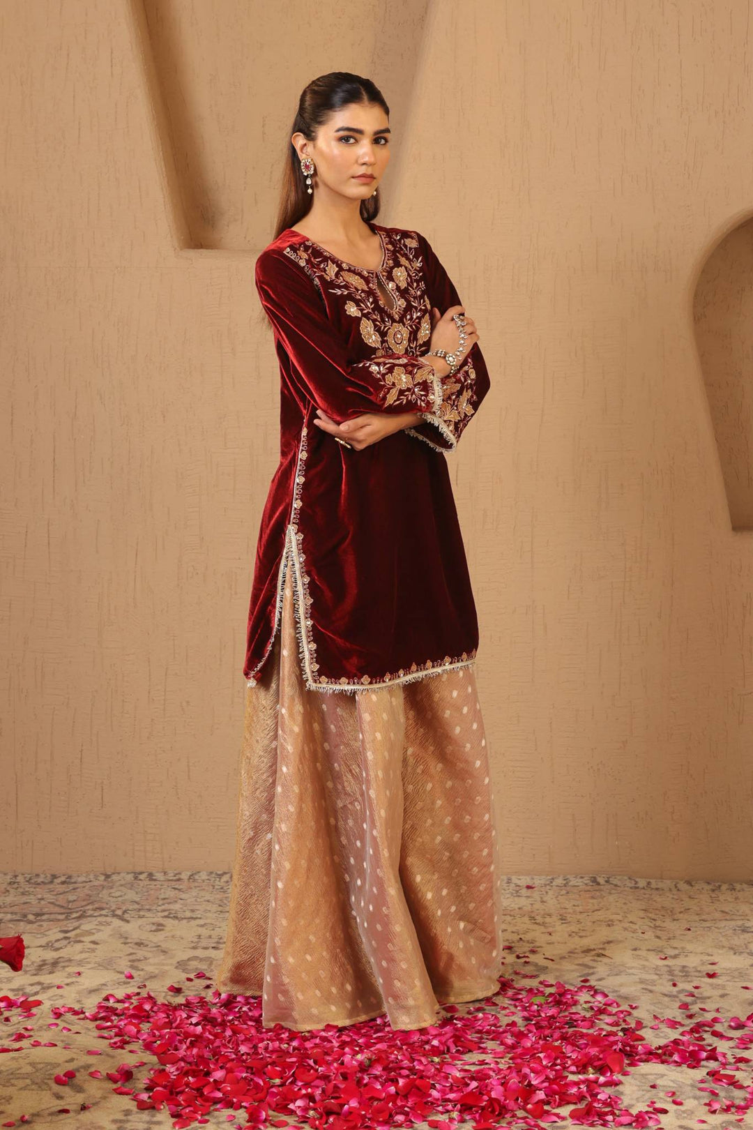 Maroon Floral Zari Velvet Kurta with Sharara and Dupatta - Set of 3