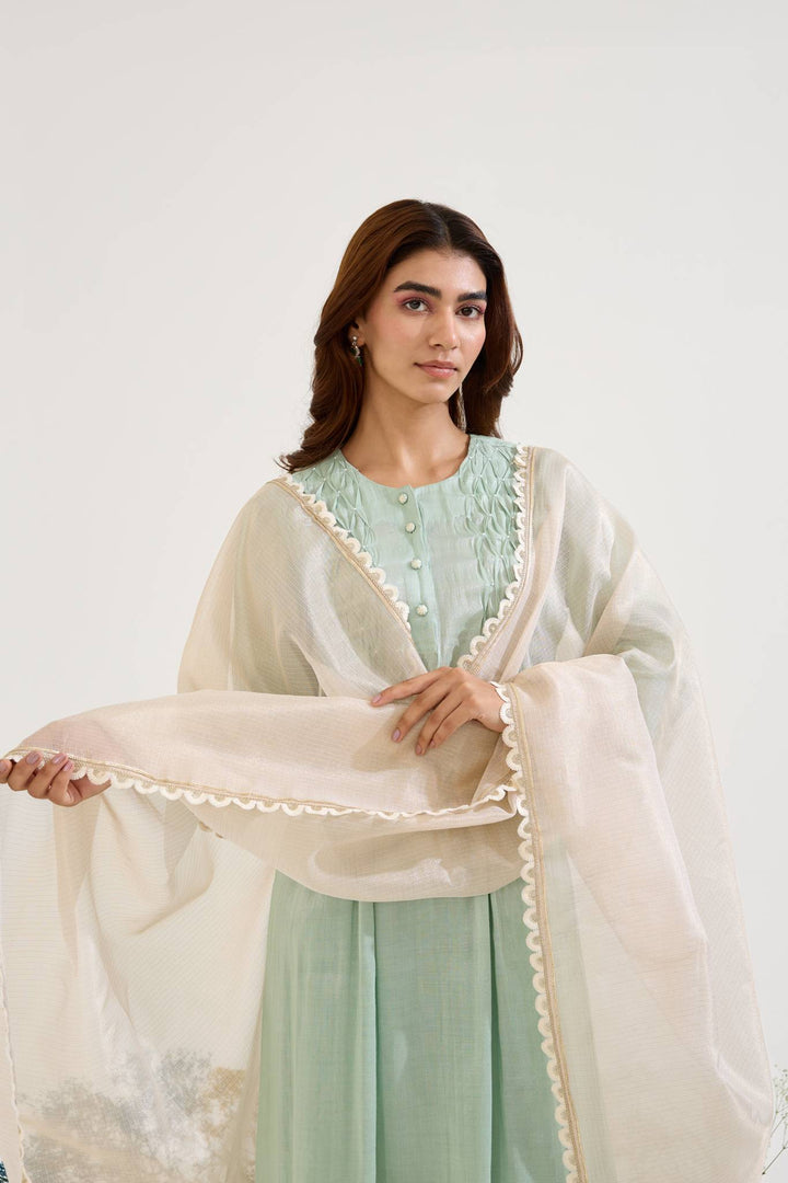 Mint Pearl Pintuck Tissue Kurta with Wide Leg Pants and Dupatta - Set of 3